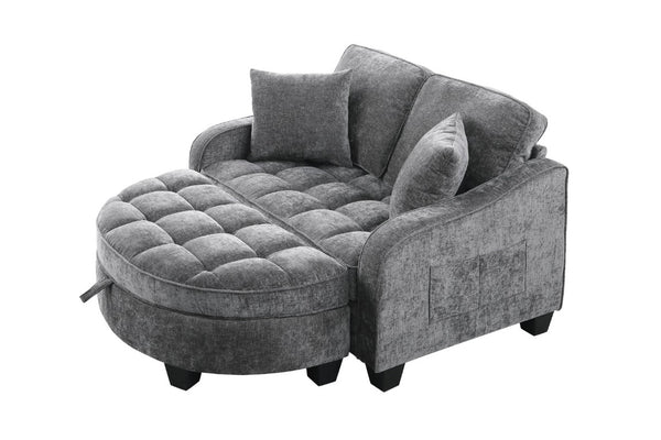 English Elm Two-Seater Corduroy Sofa with Sculptural Armrests Storage Ottoman and Lumbar Pillows Grey W487S00605