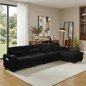 English Elm L-Shaped Corduroy Modular Sectional with Storage Pockets Cup Holders and Lumbar Cushions Black W487S00606