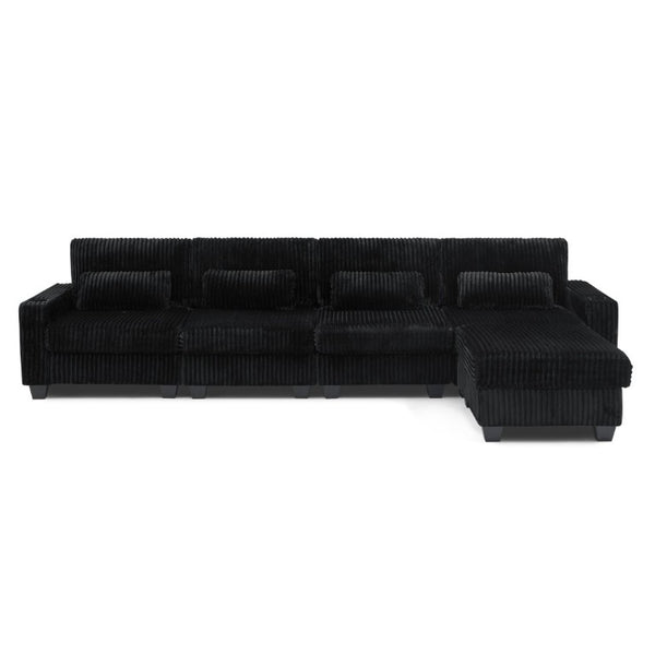 English Elm L-Shaped Corduroy Modular Sectional with Storage Pockets Cup Holders and Lumbar Cushions Black W487S00606