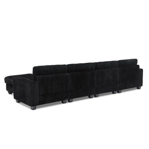 English Elm L-Shaped Corduroy Modular Sectional with Storage Pockets Cup Holders and Lumbar Cushions Black W487S00606