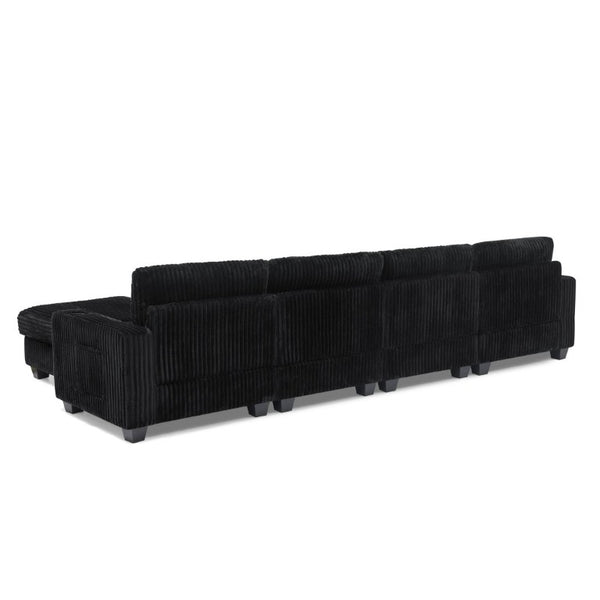 English Elm L-Shaped Corduroy Modular Sectional with Storage Pockets Cup Holders and Lumbar Cushions Black W487S00606