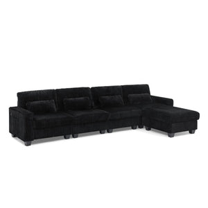 English Elm L-Shaped Corduroy Modular Sectional with Storage Pockets Cup Holders and Lumbar Cushions Black W487S00606