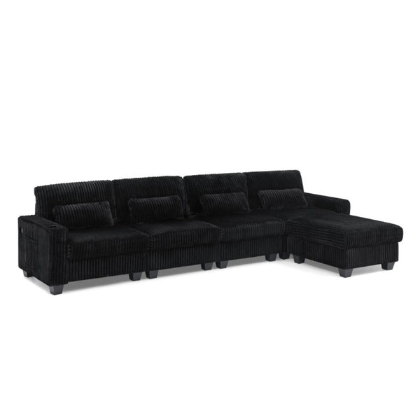 English Elm L-Shaped Corduroy Modular Sectional with Storage Pockets Cup Holders and Lumbar Cushions Black W487S00606
