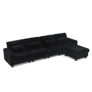 English Elm L-Shaped Corduroy Modular Sectional with Storage Pockets Cup Holders and Lumbar Cushions Black W487S00606