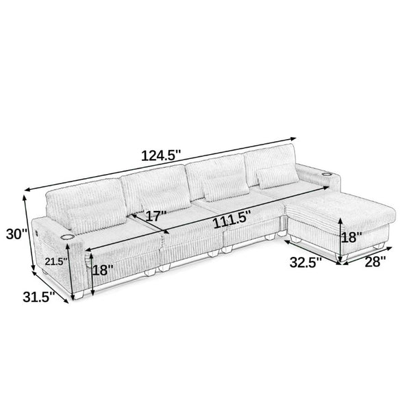 English Elm L-Shaped Corduroy Modular Sectional with Storage Pockets Cup Holders and Lumbar Cushions Black W487S00606