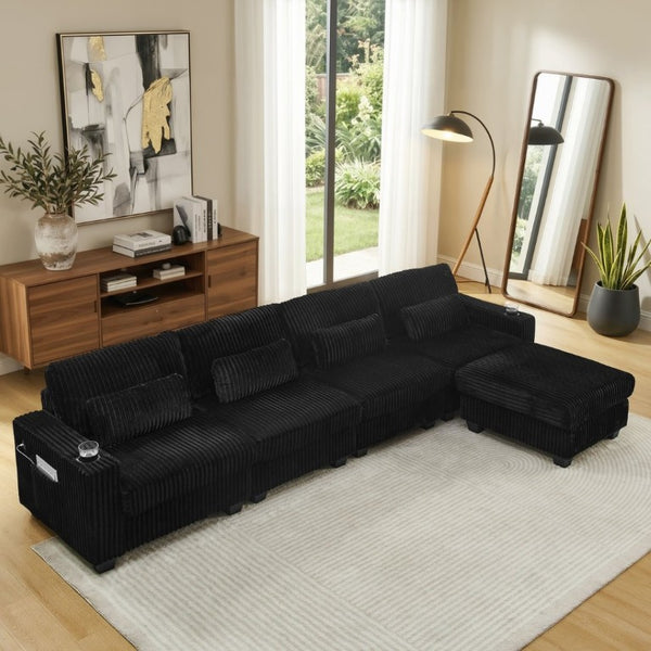 English Elm L-Shaped Corduroy Modular Sectional with Storage Pockets Cup Holders and Lumbar Cushions Black W487S00606