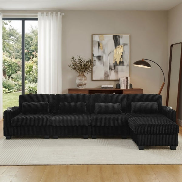 English Elm L-Shaped Corduroy Modular Sectional with Storage Pockets Cup Holders and Lumbar Cushions Black W487S00606