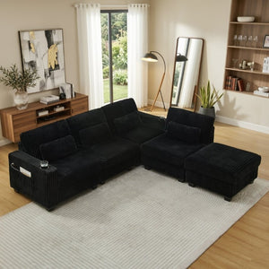 English Elm L-Shaped Corduroy Modular Sectional with Storage Pockets Cup Holders and Lumbar Cushions Black W487S00606