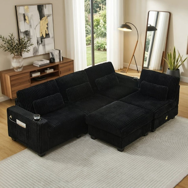 English Elm L-Shaped Corduroy Modular Sectional with Storage Pockets Cup Holders and Lumbar Cushions Black W487S00606
