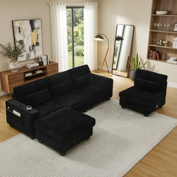 English Elm L-Shaped Corduroy Modular Sectional with Storage Pockets Cup Holders and Lumbar Cushions Black W487S00606
