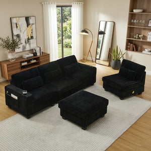 English Elm L-Shaped Corduroy Modular Sectional with Storage Pockets Cup Holders and Lumbar Cushions Black W487S00606