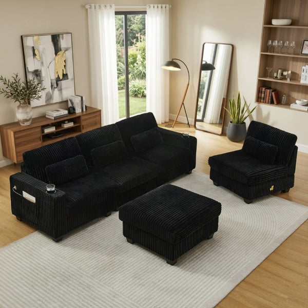 English Elm L-Shaped Corduroy Modular Sectional with Storage Pockets Cup Holders and Lumbar Cushions Black W487S00606