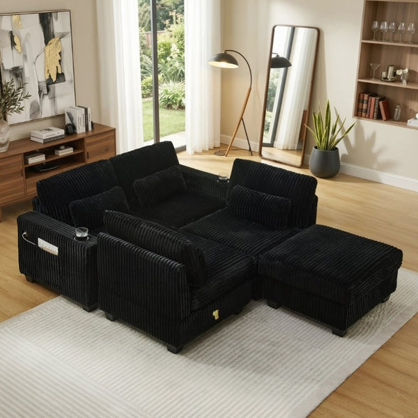 English Elm L-Shaped Corduroy Modular Sectional with Storage Pockets Cup Holders and Lumbar Cushions Black W487S00606