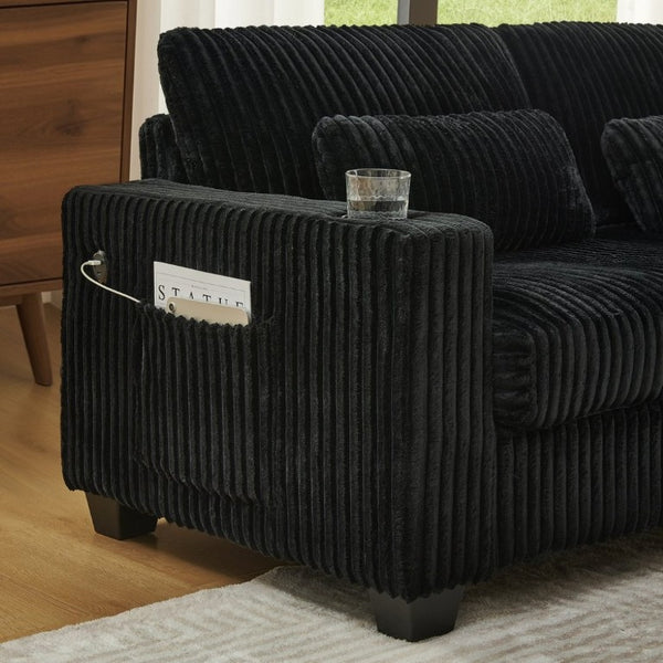 English Elm L-Shaped Corduroy Modular Sectional with Storage Pockets Cup Holders and Lumbar Cushions Black W487S00606