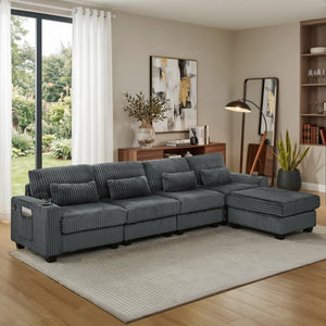English Elm L-Shaped Corduroy Modular Sectional with Storage Pockets Cup Holders and Lumbar Cushions Dark Gray W487S00607