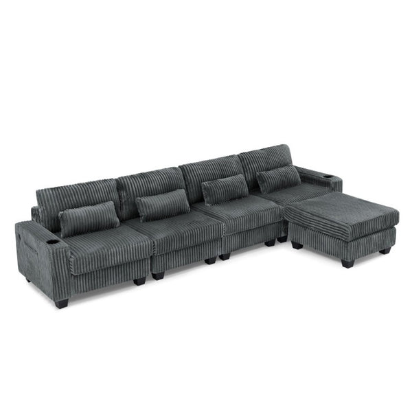 English Elm L-Shaped Corduroy Modular Sectional with Storage Pockets Cup Holders and Lumbar Cushions Dark Gray W487S00607