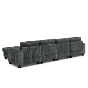 English Elm L-Shaped Corduroy Modular Sectional with Storage Pockets Cup Holders and Lumbar Cushions Dark Gray W487S00607