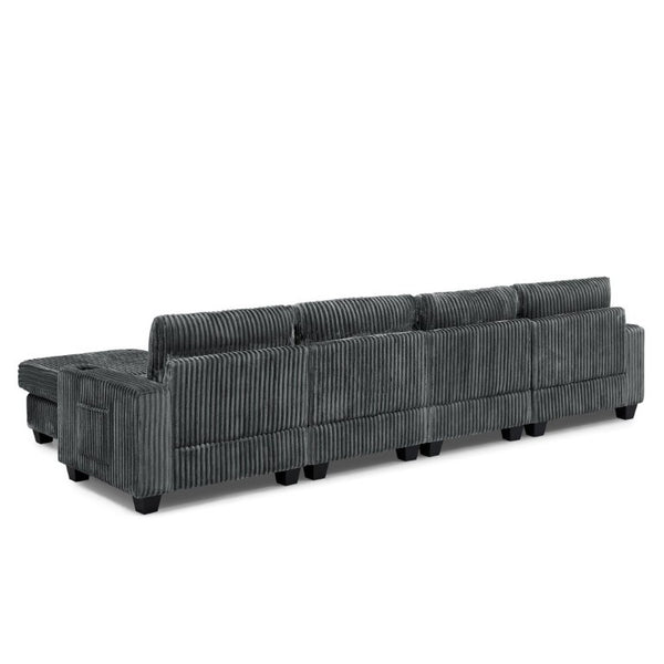 English Elm L-Shaped Corduroy Modular Sectional with Storage Pockets Cup Holders and Lumbar Cushions Dark Gray W487S00607