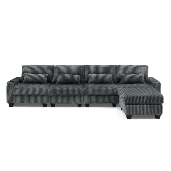 English Elm L-Shaped Corduroy Modular Sectional with Storage Pockets Cup Holders and Lumbar Cushions Dark Gray W487S00607
