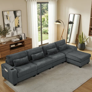 English Elm L-Shaped Corduroy Modular Sectional with Storage Pockets Cup Holders and Lumbar Cushions Dark Gray W487S00607