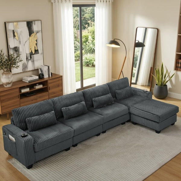 English Elm L-Shaped Corduroy Modular Sectional with Storage Pockets Cup Holders and Lumbar Cushions Dark Gray W487S00607