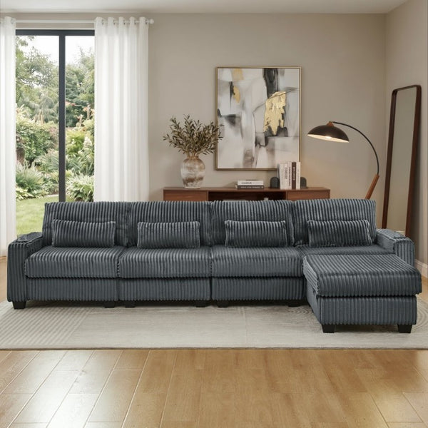 English Elm L-Shaped Corduroy Modular Sectional with Storage Pockets Cup Holders and Lumbar Cushions Dark Gray W487S00607