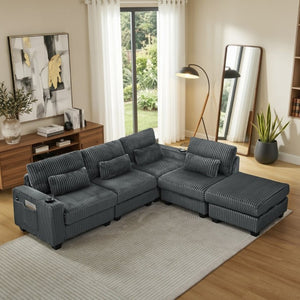 English Elm L-Shaped Corduroy Modular Sectional with Storage Pockets Cup Holders and Lumbar Cushions Dark Gray W487S00607