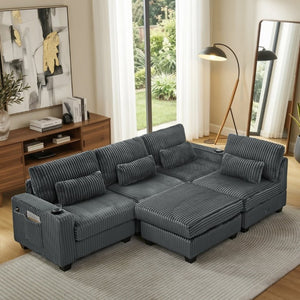English Elm L-Shaped Corduroy Modular Sectional with Storage Pockets Cup Holders and Lumbar Cushions Dark Gray W487S00607