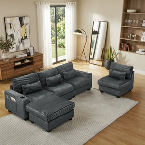 English Elm L-Shaped Corduroy Modular Sectional with Storage Pockets Cup Holders and Lumbar Cushions Dark Gray W487S00607