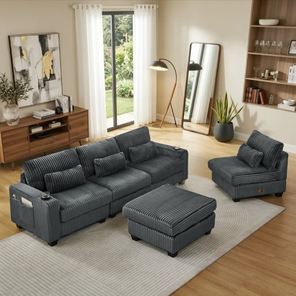 English Elm L-Shaped Corduroy Modular Sectional with Storage Pockets Cup Holders and Lumbar Cushions Dark Gray W487S00607