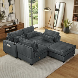 English Elm L-Shaped Corduroy Modular Sectional with Storage Pockets Cup Holders and Lumbar Cushions Dark Gray W487S00607