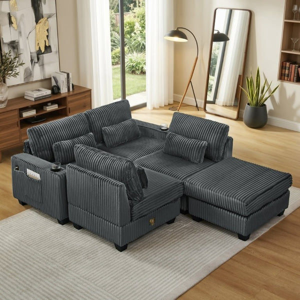 English Elm L-Shaped Corduroy Modular Sectional with Storage Pockets Cup Holders and Lumbar Cushions Dark Gray W487S00607