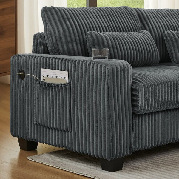 English Elm L-Shaped Corduroy Modular Sectional with Storage Pockets Cup Holders and Lumbar Cushions Dark Gray W487S00607