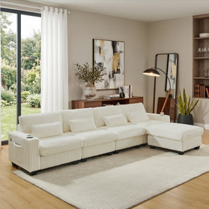 English Elm L-Shaped Corduroy Modular Sectional with Storage Pockets Cup Holders and Lumbar Cushions Beige W487S00608