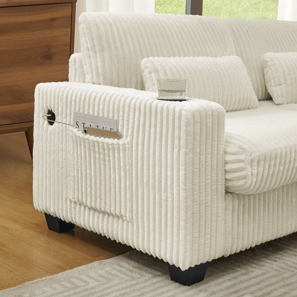 English Elm L-Shaped Corduroy Modular Sectional with Storage Pockets Cup Holders and Lumbar Cushions Beige W487S00608