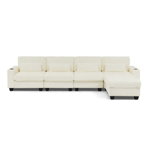 English Elm L-Shaped Corduroy Modular Sectional with Storage Pockets Cup Holders and Lumbar Cushions Beige W487S00608