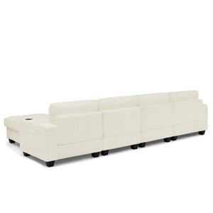 English Elm L-Shaped Corduroy Modular Sectional with Storage Pockets Cup Holders and Lumbar Cushions Beige W487S00608