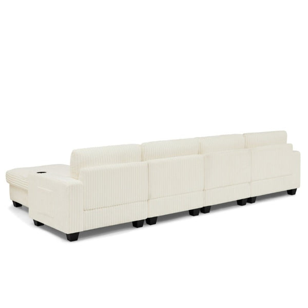 English Elm L-Shaped Corduroy Modular Sectional with Storage Pockets Cup Holders and Lumbar Cushions Beige W487S00608
