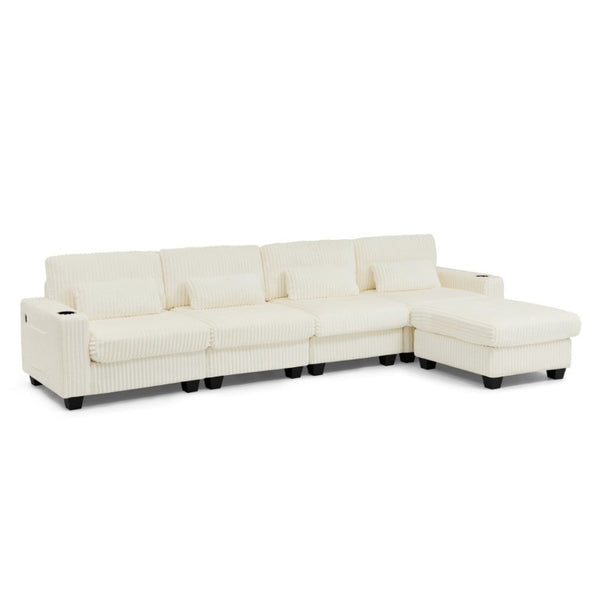 English Elm L-Shaped Corduroy Modular Sectional with Storage Pockets Cup Holders and Lumbar Cushions Beige W487S00608
