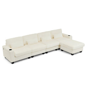English Elm L-Shaped Corduroy Modular Sectional with Storage Pockets Cup Holders and Lumbar Cushions Beige W487S00608