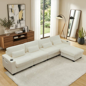 English Elm L-Shaped Corduroy Modular Sectional with Storage Pockets Cup Holders and Lumbar Cushions Beige W487S00608