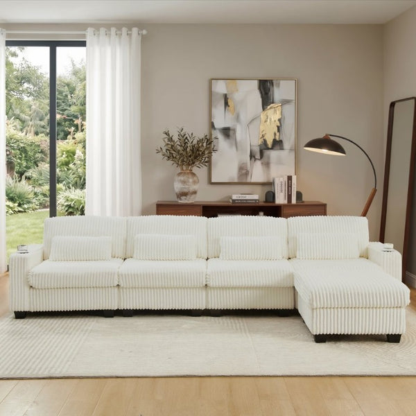 English Elm L-Shaped Corduroy Modular Sectional with Storage Pockets Cup Holders and Lumbar Cushions Beige W487S00608