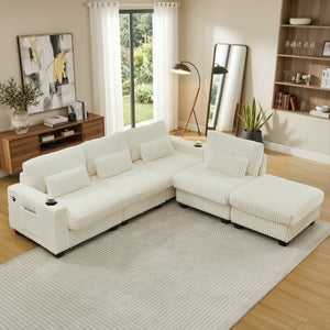 English Elm L-Shaped Corduroy Modular Sectional with Storage Pockets Cup Holders and Lumbar Cushions Beige W487S00608