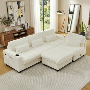 English Elm L-Shaped Corduroy Modular Sectional with Storage Pockets Cup Holders and Lumbar Cushions Beige W487S00608