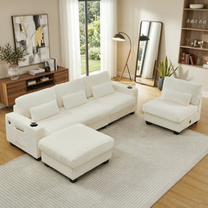 English Elm L-Shaped Corduroy Modular Sectional with Storage Pockets Cup Holders and Lumbar Cushions Beige W487S00608