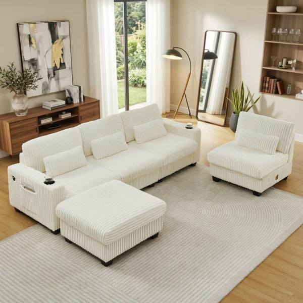 English Elm L-Shaped Corduroy Modular Sectional with Storage Pockets Cup Holders and Lumbar Cushions Beige W487S00608