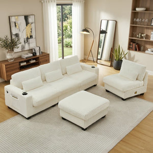 English Elm L-Shaped Corduroy Modular Sectional with Storage Pockets Cup Holders and Lumbar Cushions Beige W487S00608