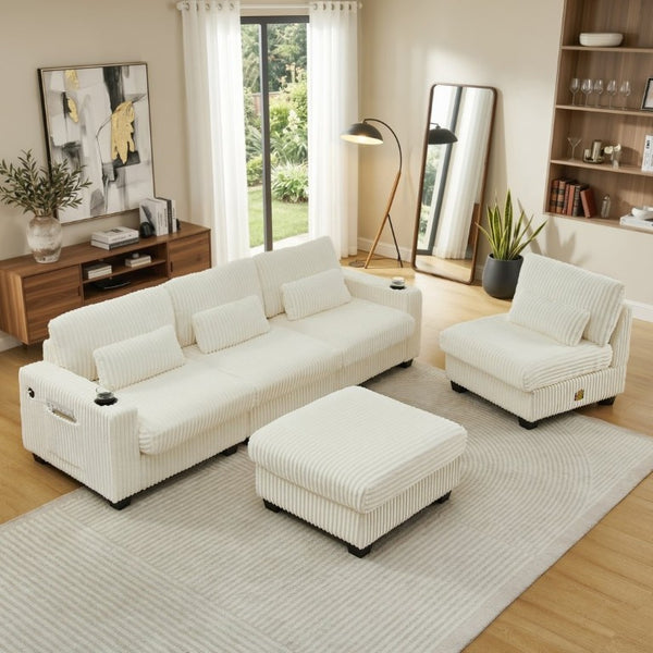 English Elm L-Shaped Corduroy Modular Sectional with Storage Pockets Cup Holders and Lumbar Cushions Beige W487S00608