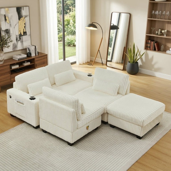English Elm L-Shaped Corduroy Modular Sectional with Storage Pockets Cup Holders and Lumbar Cushions Beige W487S00608