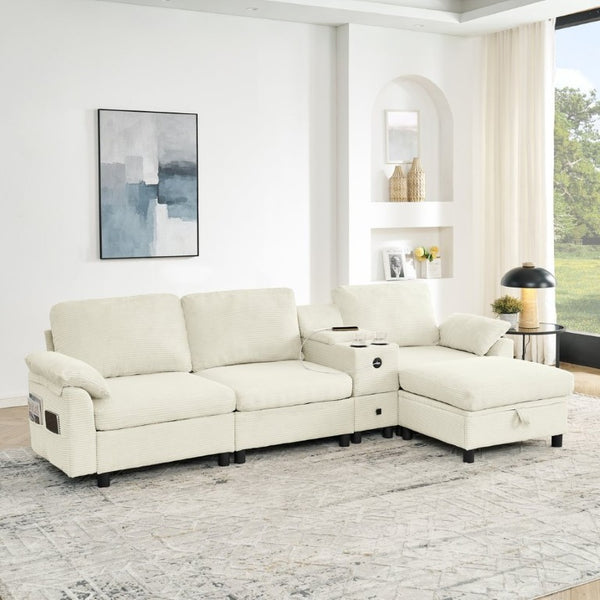 English Elm Modern Modular L Shaped Sectional Sofa with Storage Console and Liftable Chaise Ottoman Beige W487S00609